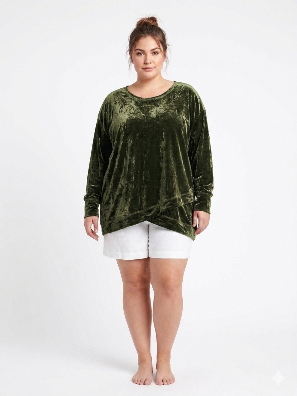 Plus Size Olive Green Velvet Long Sleeve Top